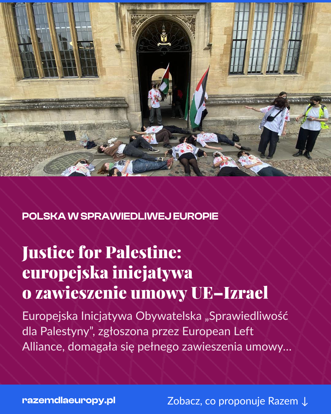 Grafika pionowa do udostępnienia: Justice for Palestine: europejska inicjatywa o zawieszenie umowy UE–Izrael