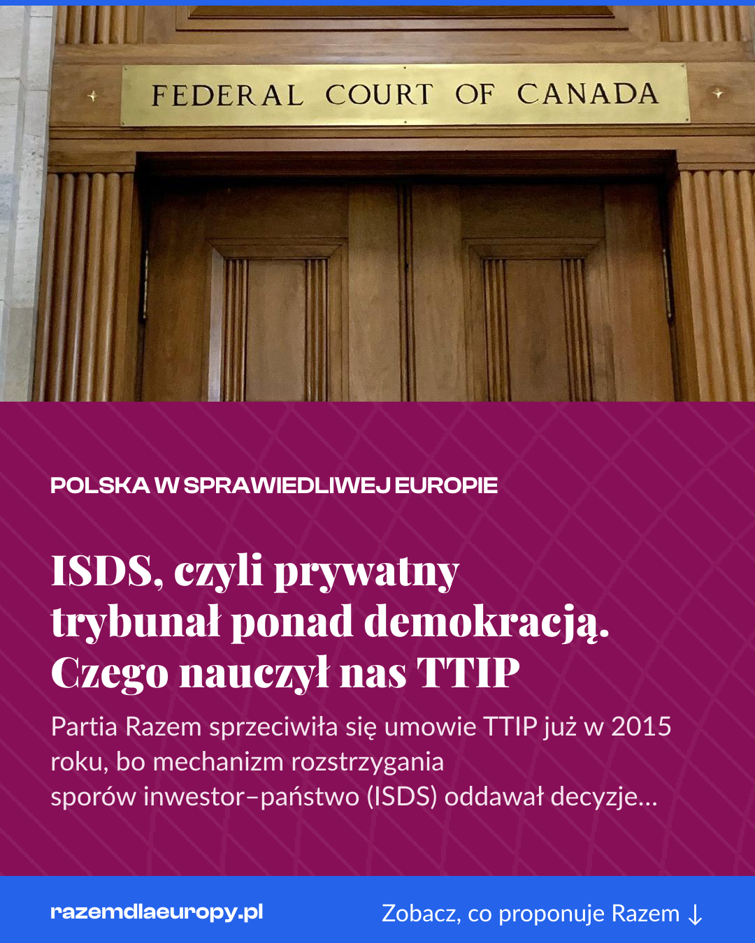 Grafika pionowa do udostępnienia: ISDS, czyli prywatny trybunał ponad demokracją. Czego nauczył nas TTIP