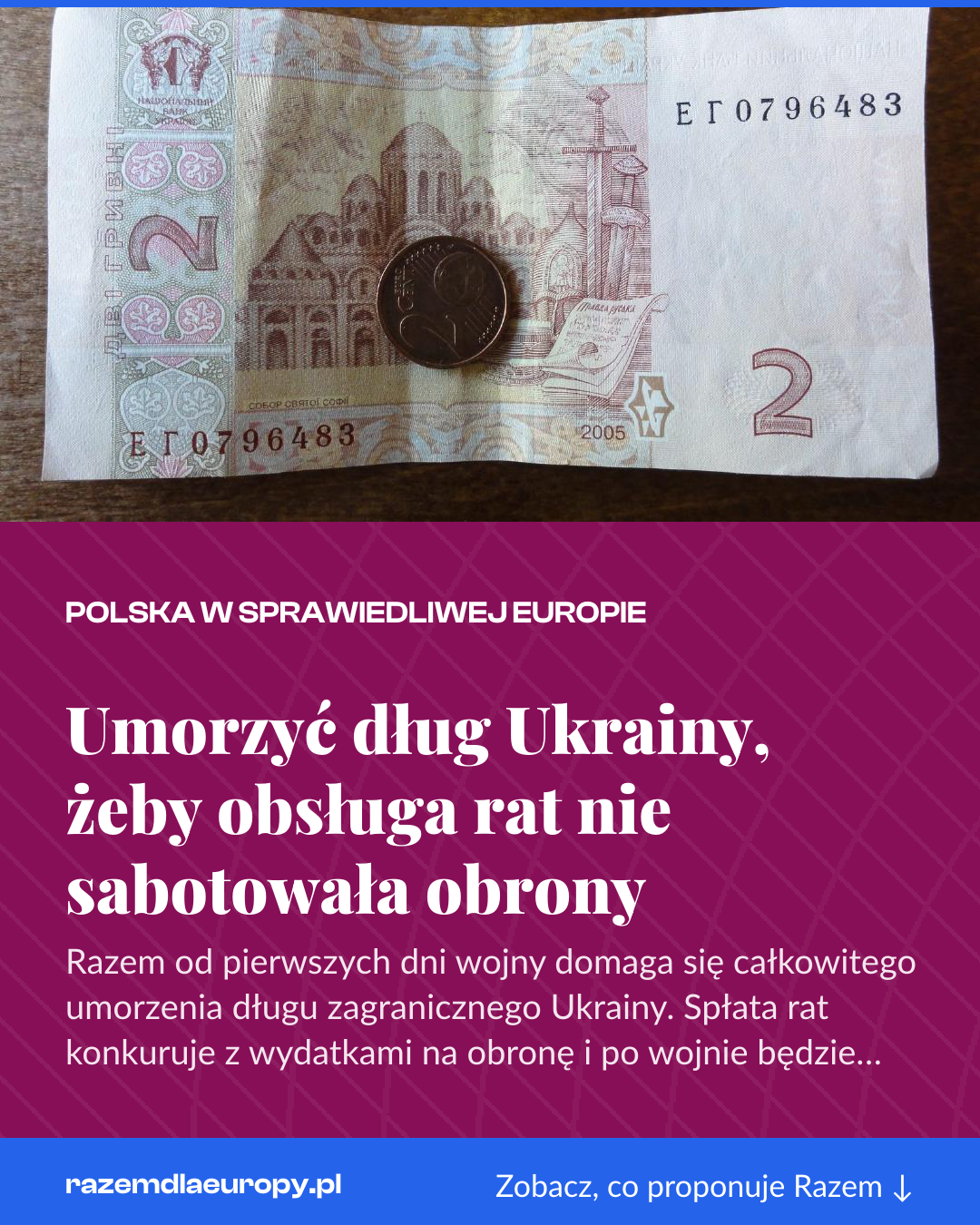 Grafika pionowa do udostępnienia: Umorzyć dług Ukrainy, żeby obsługa rat nie sabotowała obrony