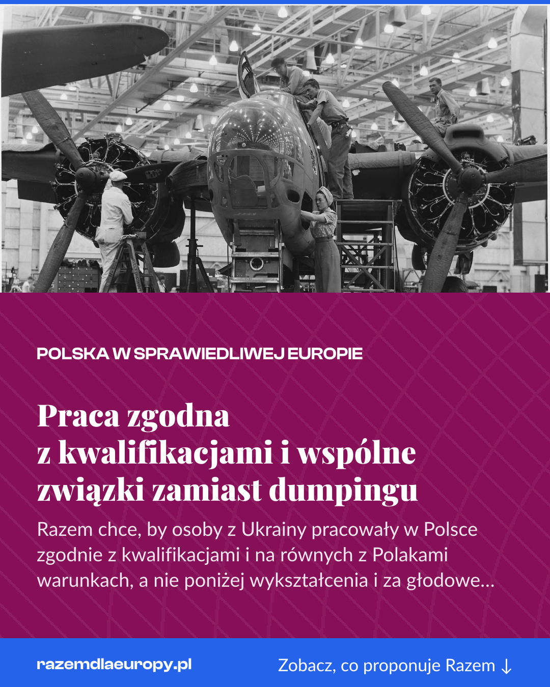 Grafika pionowa do udostępnienia: Praca zgodna z kwalifikacjami i wspólne związki zamiast dumpingu